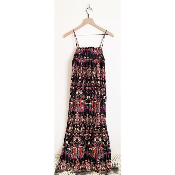 Anthropologie Quilted Floral Maxi Dress Black Size XS Flowy Bohemian Square Neck - Picture 4 of 12